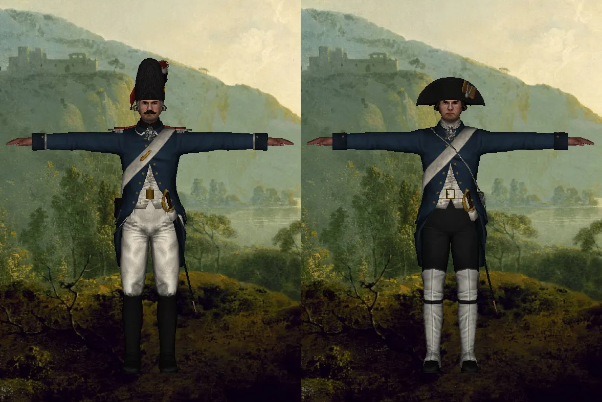 Grenadier of the "Exercitiegenootschappen" patriotic militia, notable for their role in the 1787 Patriottentijd "rebellion" and Fusilier of the "Schutterij" militia, the old (Orangist) militia of the Netherlands